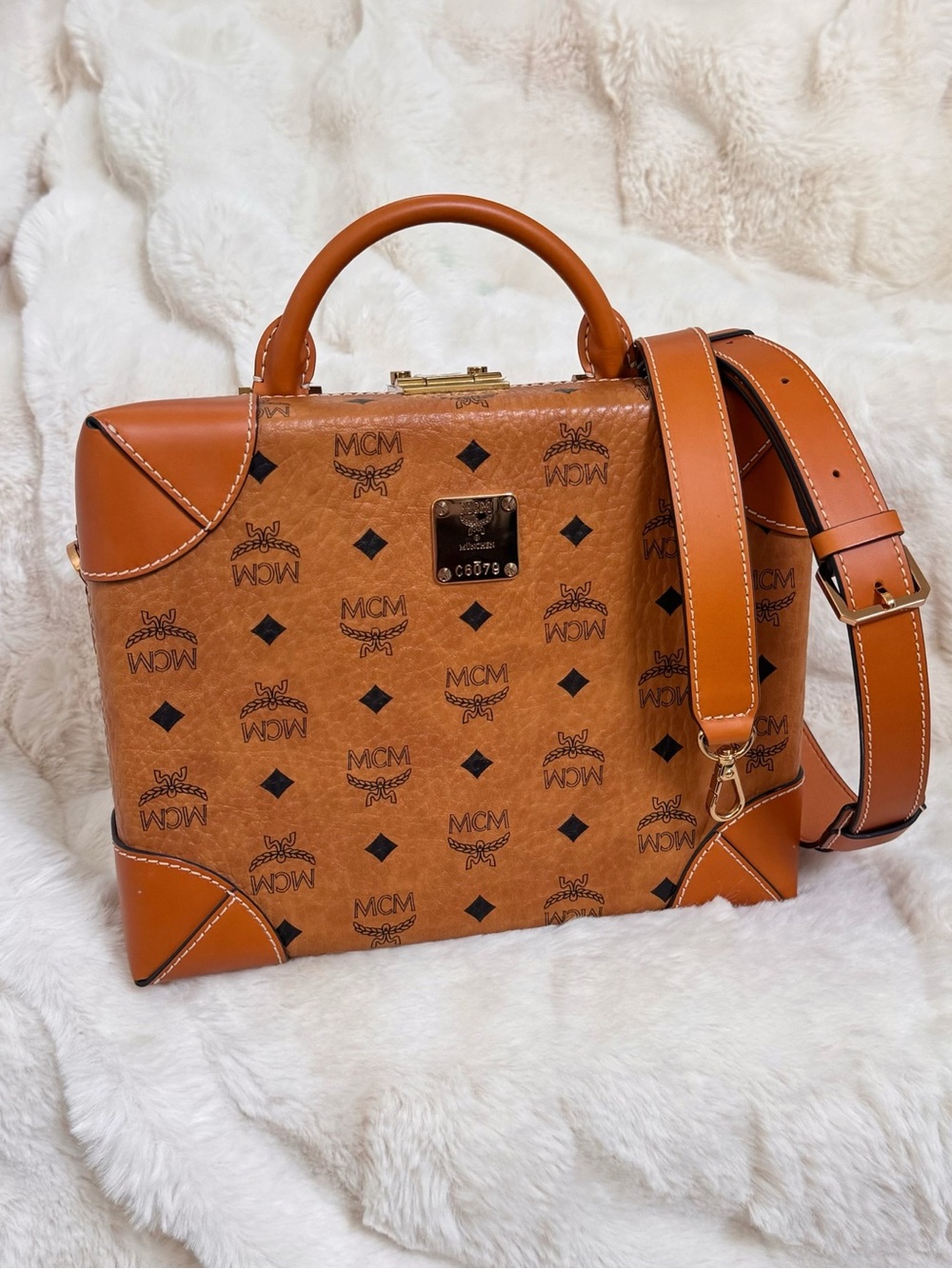 MCM Cognac Visetos Medium Berlin Crossbody Bag